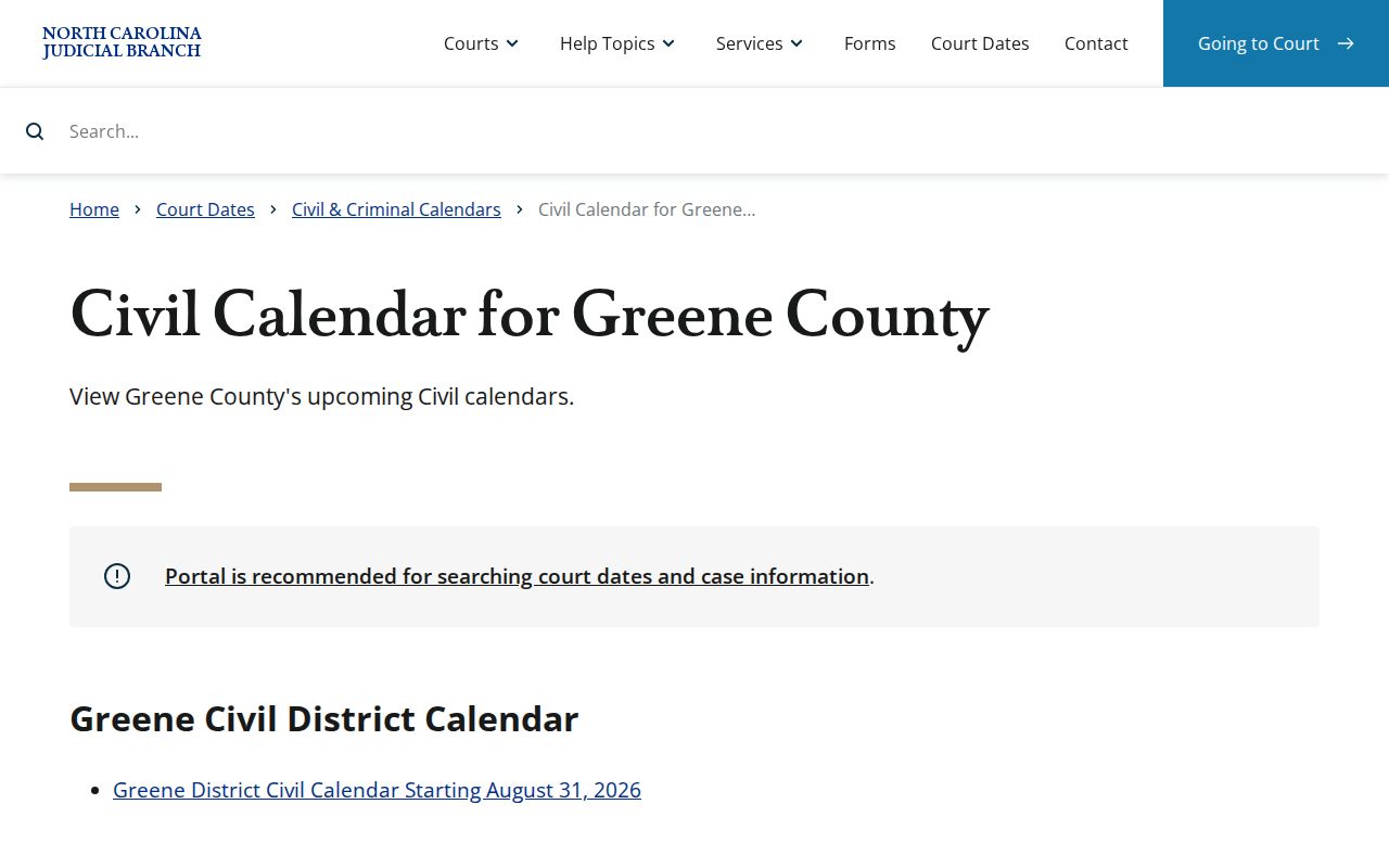 Greene County court calendar reference showing official civil calendar interface