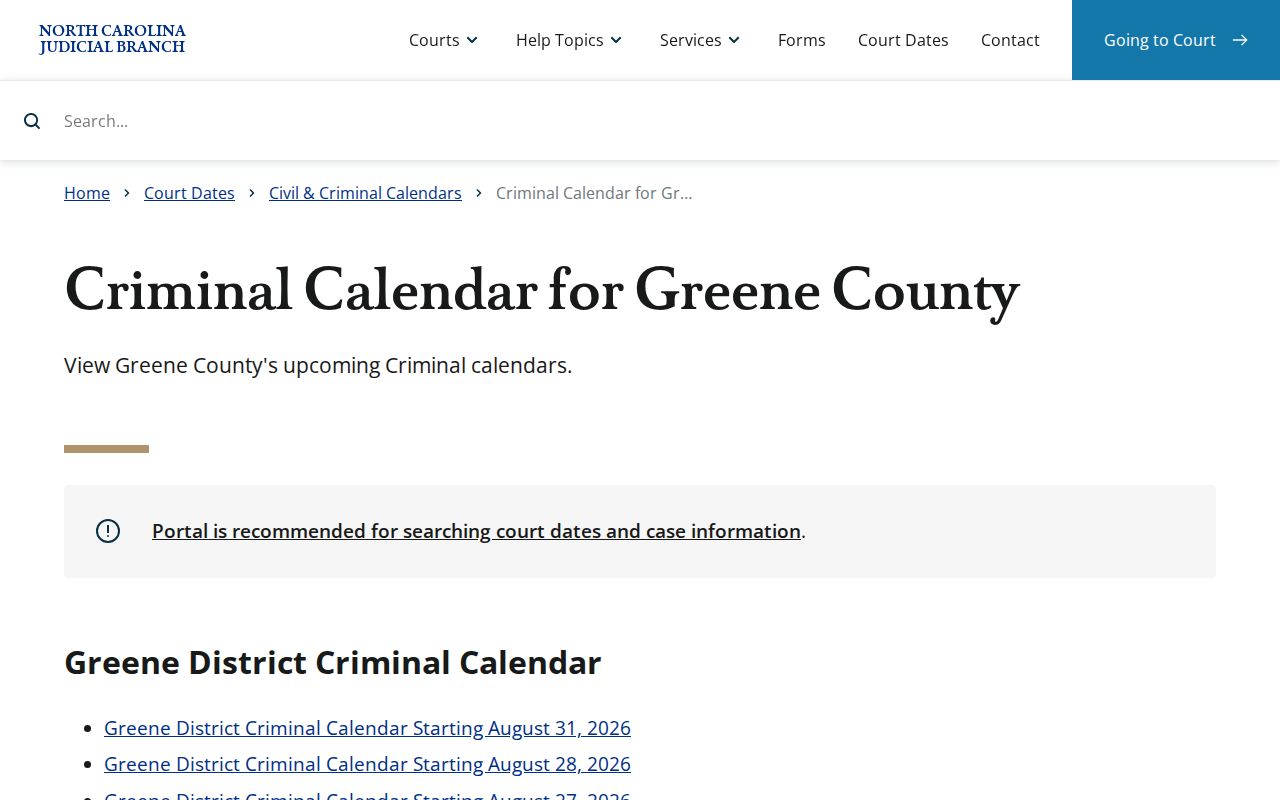 Greene County court calendar reference showing official criminal calendar interface